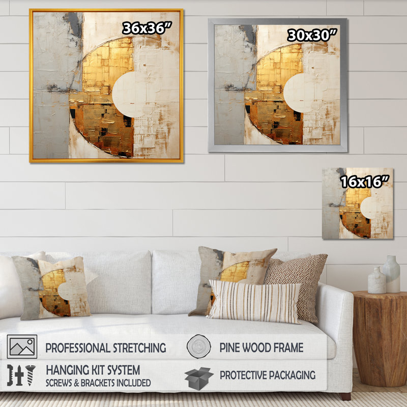 Spirale lunaire dorée et beige - décoration murale abstraite, Encadrement doré, H 24 po x l 24 po x P 1 po