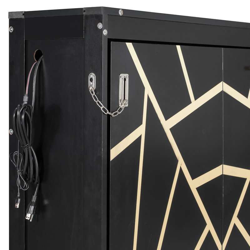 Lit escamotable Queen en bois massif et MDF, monobloc, noir, avec tête de lit lumineuse LED.