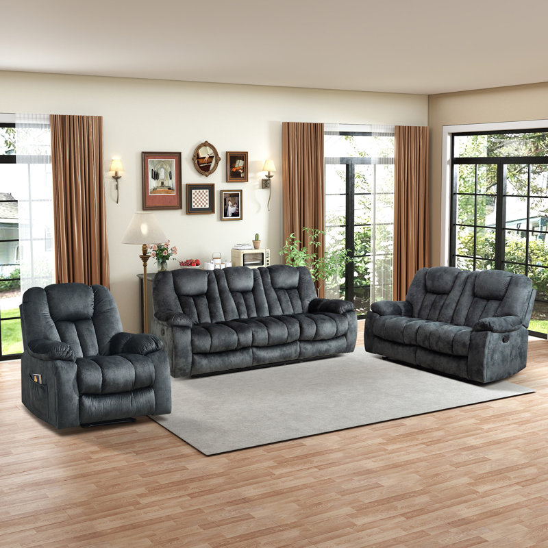 Ensemble de salon en microsuède 3 pièces avec porte-gobelets Quiteris, Gris anthracite