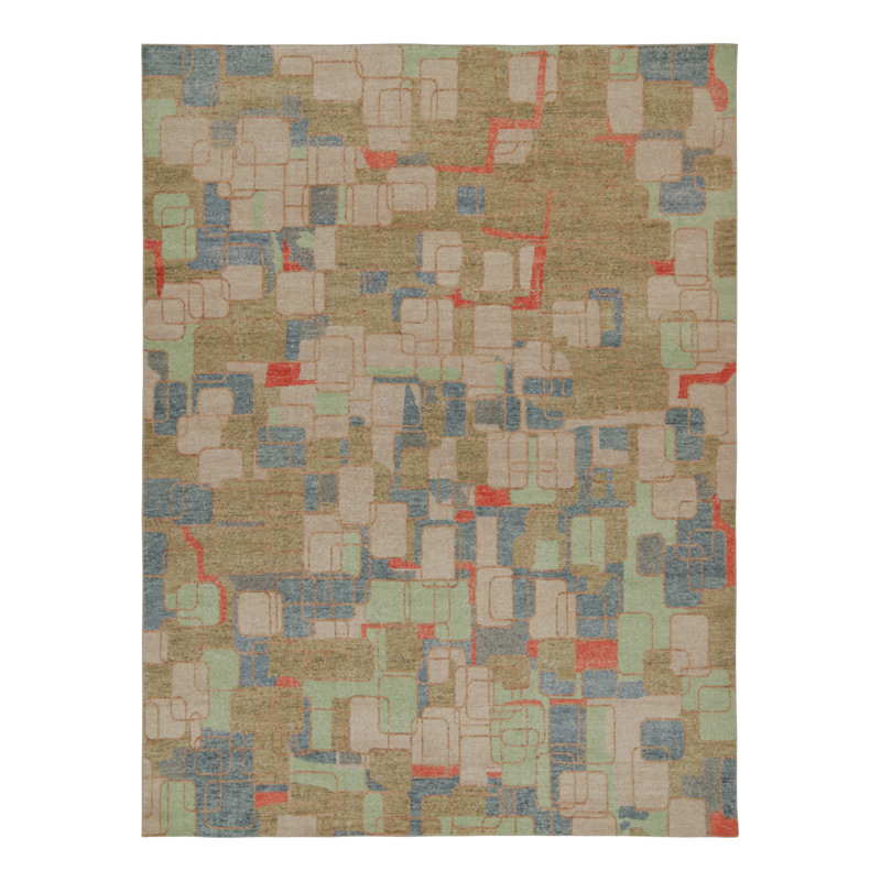 Geometric Hand-Knotted Rectangle 9' x 12' Cotton/Wool Area Rug in Beige/Blue