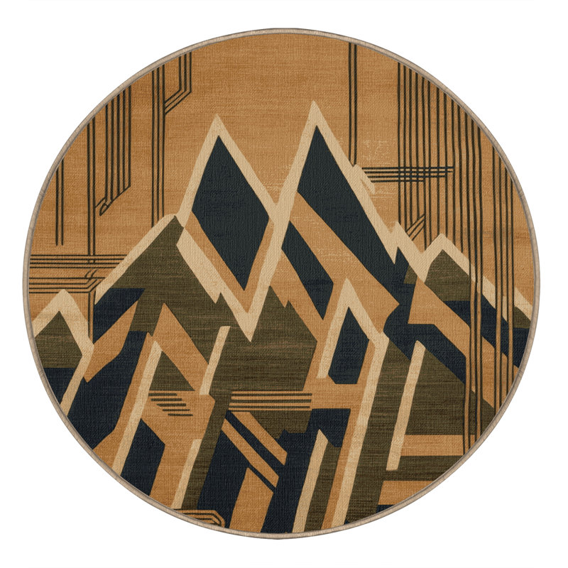 Tapis art déco brun lavable à la machine, Rond 4 pi