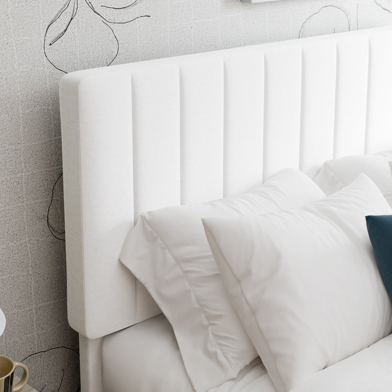 Lit plateforme tapissier pleine grandeur en velours avec tête de lit réglable et lattes en bois, Lit double, Blanc
