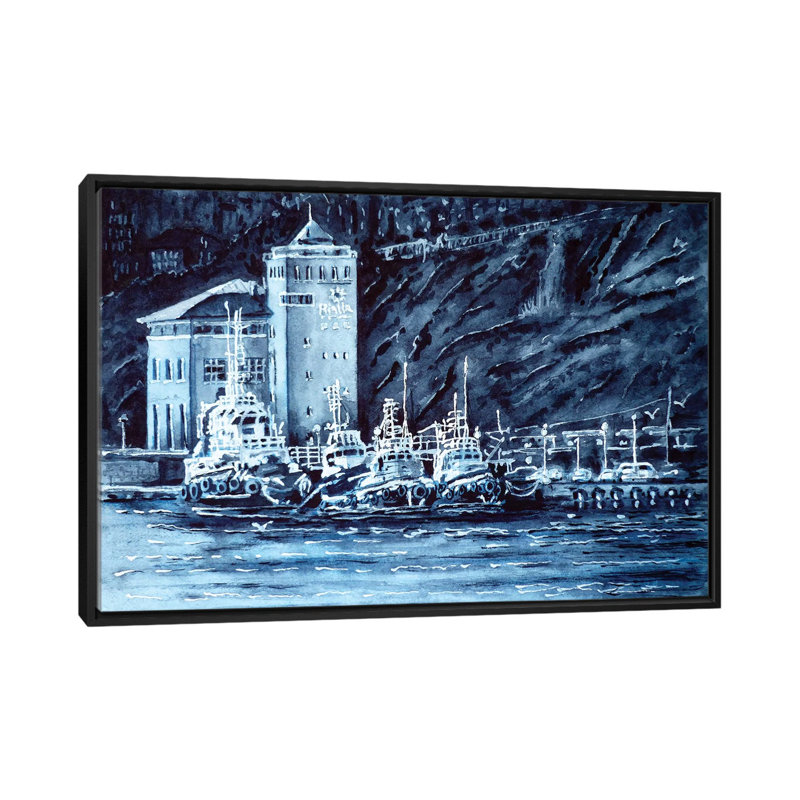" Tugboats " by Zaira Dzhaubaeva, 18" H x 26" W x 1.5" D, Black Framed Canvas, No Mat