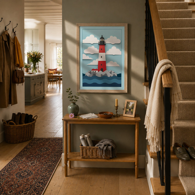 Lighthouse and Shore Coastal - Framed Print, Oak, A3 - 42.0 x 29.7 cm