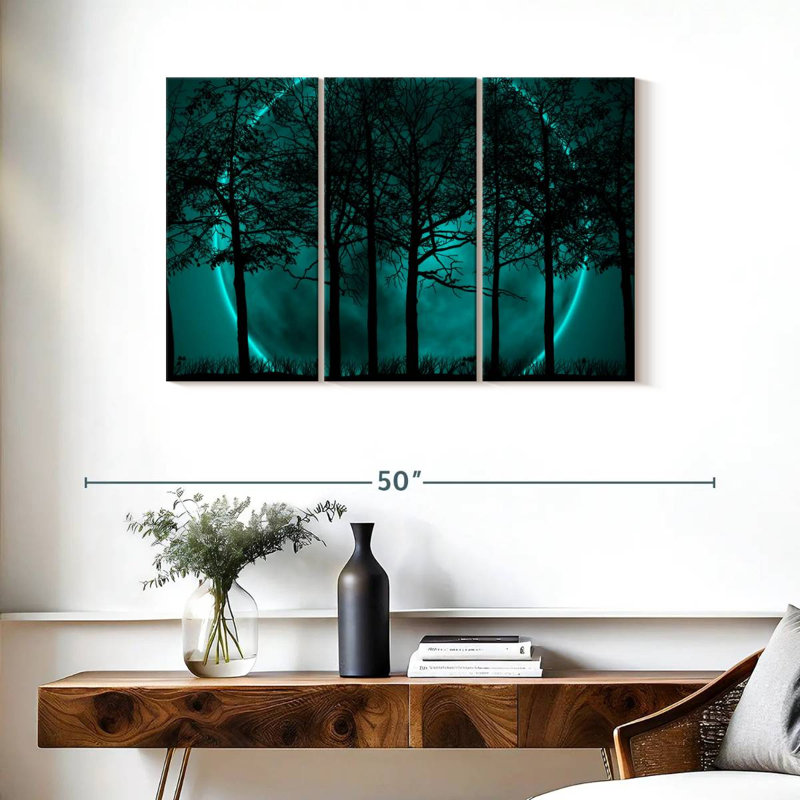 Silhouette de forêt turquoise sur toile, ensemble de 3 pièces, H 24 po x l 38 po x P 1,25 po