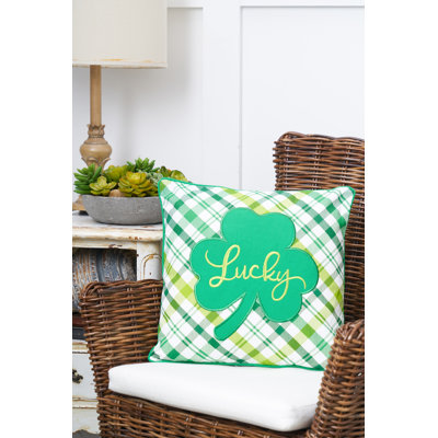 Lucky Clover St. Patrick's Day Embroidered Plaid Pillow