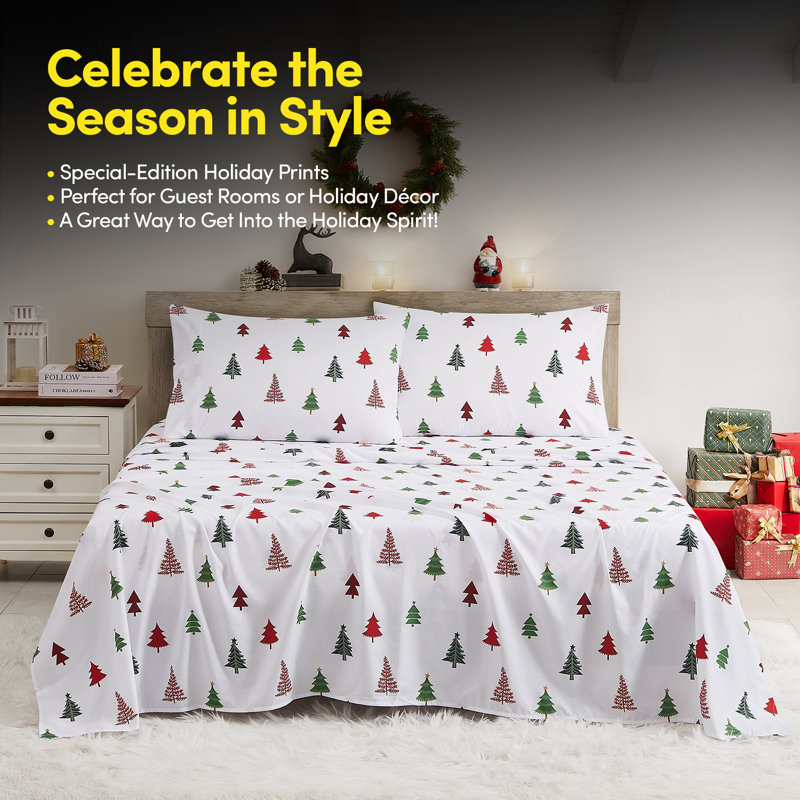 Printed Holiday 4Pc Sheet Sets, Easy Care, Soft & Wrinkle-Resistant Holiday Bedding - Holly Trees, Queen