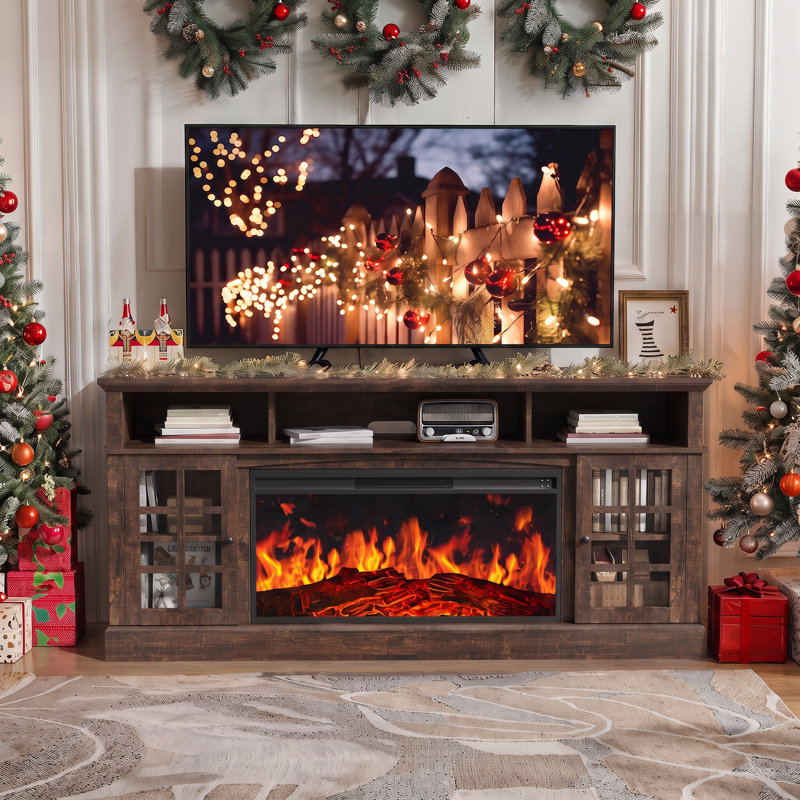 Fireplace TV Stand for 85" TVs with Electric Fireplace, Farmhouse TV Console & Entertainment Center , Brown
