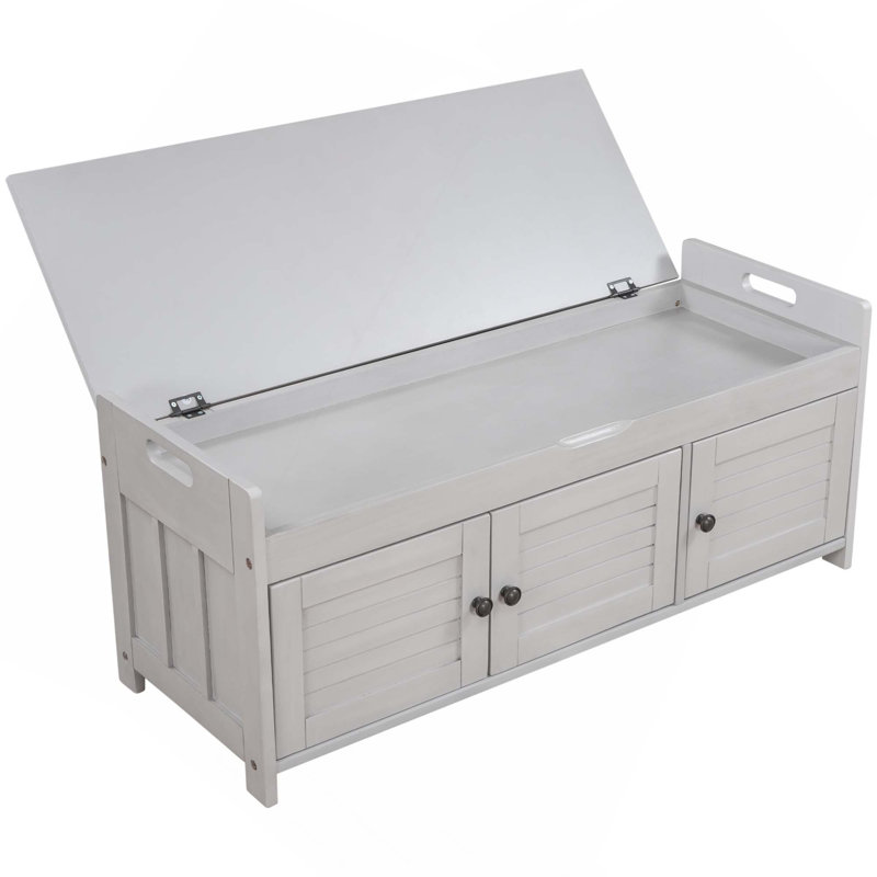 Banc de rangement avec 3 portes en forme de volet, banc à chaussures avec coussin amovible et espace de rangement caché