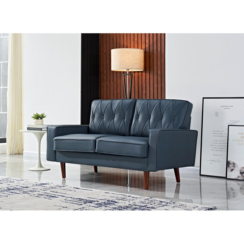 Faux Leather Square Arm Loveseat, Blue Faux Leather, 33" H x 57" W x 31" D
