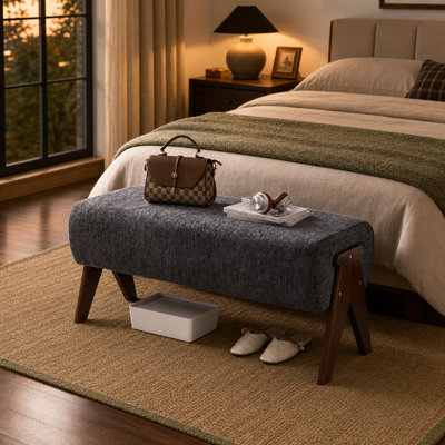 Banc rembourré en chenille de style milieu du siècle avec pieds en bois d'hévéa pour entrée et dressing