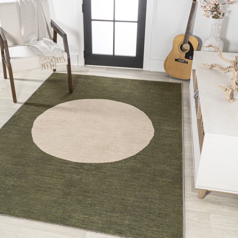 Cirkel Minimalist Geometric Dot Machine-Washable Green/Cream Rug, Rectangle 3'11" x 6'