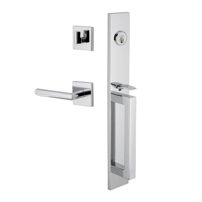 Viaggio Quadrato One-Piece Handleset With D Grip With Quadrato Rosette And Moderno Lever, Bright Chrome, 2.75", Right