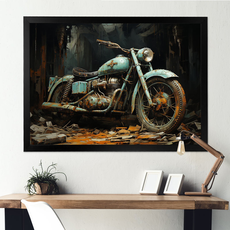 Motocyclette classique bleue et noire - art mural moto, Cadre d'angle fermé noir, H 12 po x l 20 po x P 1 po