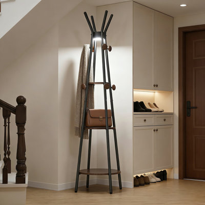 Portemanteau autoportant avec détecteur de mouvement, 12 crochets réglables et 3 tablettes en bois massif pour le rangement du vestibule, du couloir et du salon