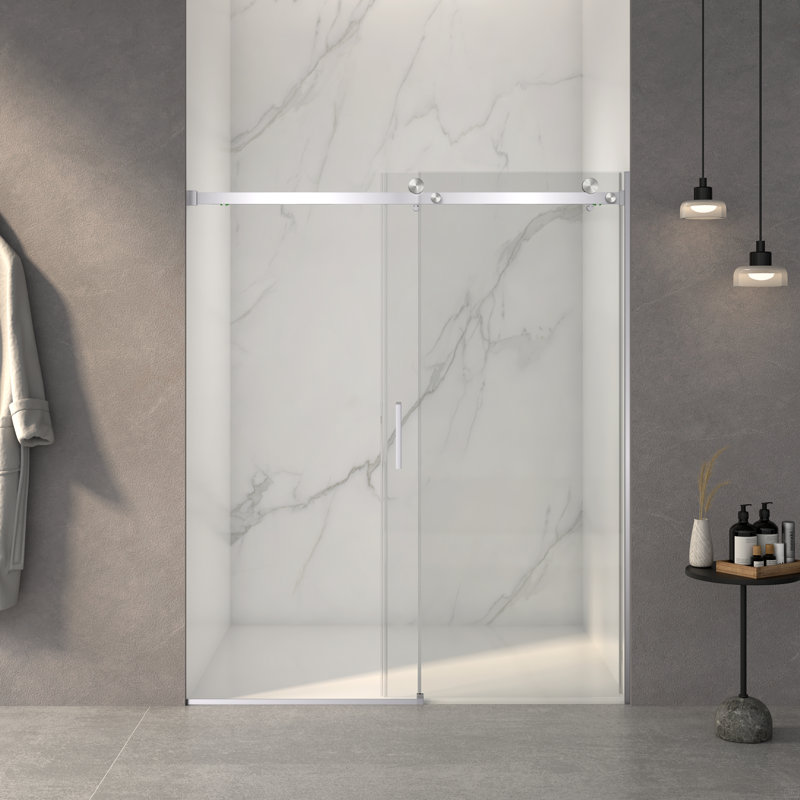 Porte de douche coulissante sans cadre l 56 à 60 po x H 72 po, verre trempé clair de 5/16 po (8 mm), Nickel brossé