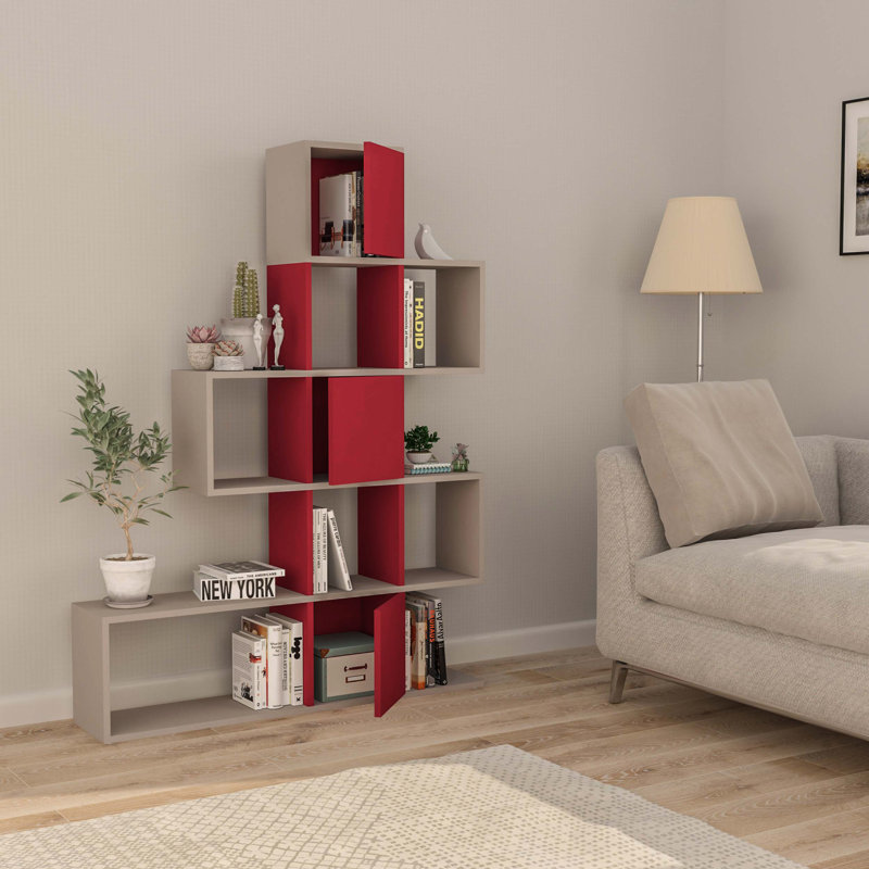 Chantay 160cm H x 302.26cm W Geometric Bookcase, Light Mocha/Burgundy