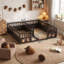 Lit double simple en pin massif avec plancher, finition peinte expresso, barrières de sécurité semi-fermées et entrée ouverte, plateforme de couchage basse partagée pour enfants-82267236