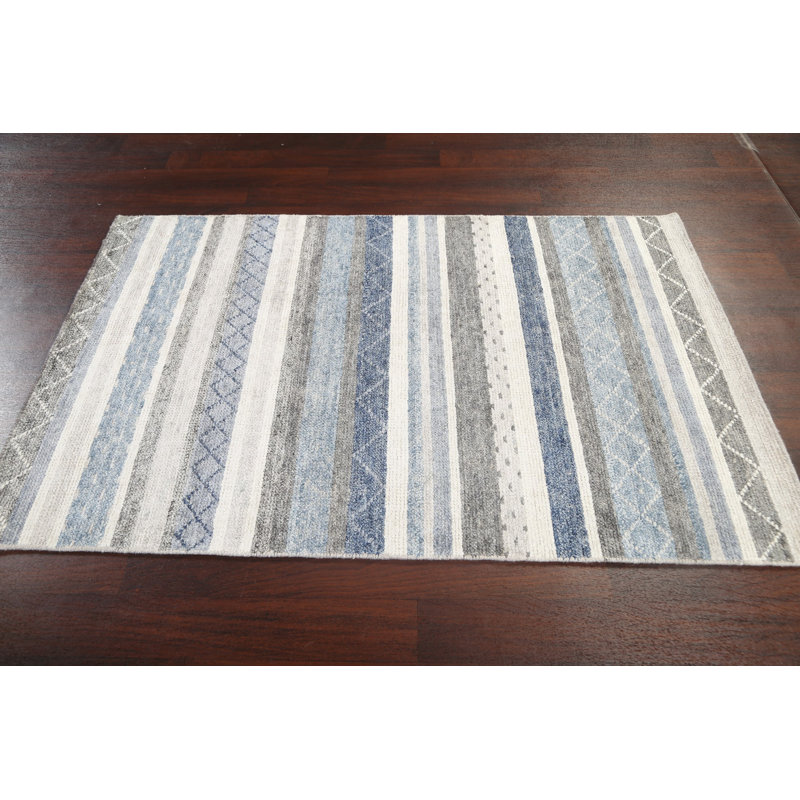 Tapis gris / bleu / ivoire noué à la main de conception unique 4 pi x 6 pi New Age