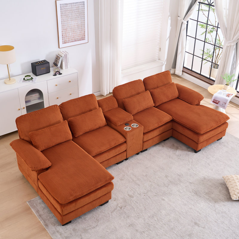 124'' U-shaped Sectional Sofa, 4-Seater Modular Sofa With Storage, Living Room Cloud Couch Sleeper Sofa Sectional With Chaise,With Console And USB 