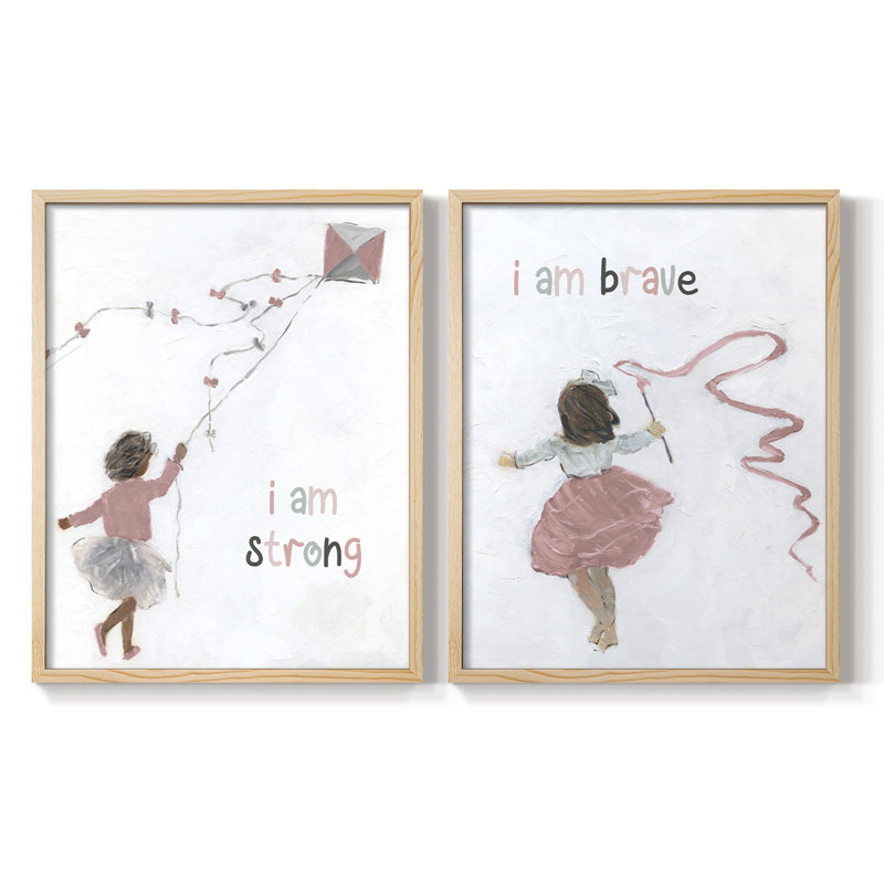 «Girl Flying Kite» - reproduction encadrée de qualité supérieure - prête à être accrochée - aucun clou requis - aucun clou requis