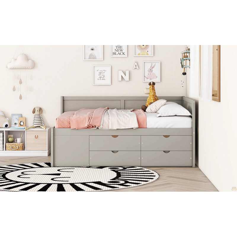 Lit de jour double avec tiroirs et tablettes, Gris, Lit double