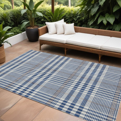 HomeRoots 10' X 14' Navy Blue Plaid Washable Indoor Outdoor Area Rug