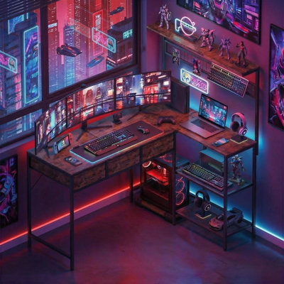 Bureau d'ordinateur de 50,4 po en forme de l avec prises de courant et lumières DEL, bureau réversible avec tablettes de rangement à 3 niveaux et tiroir, bureau de jeu en coin pour salle d'étude, salon
