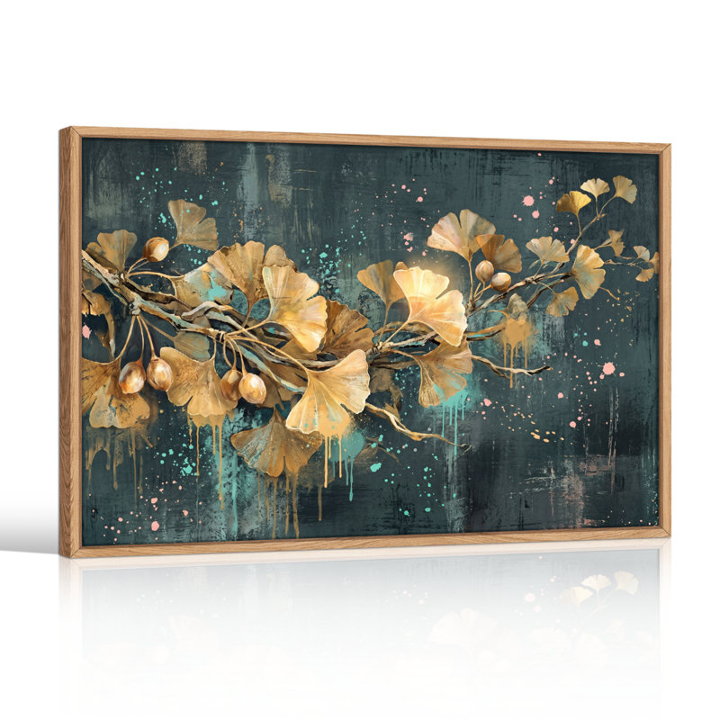 Ensemble de 1 tableau sur toile représentant une branche de ginkgo, H 32 po x l 48 po, Naturel