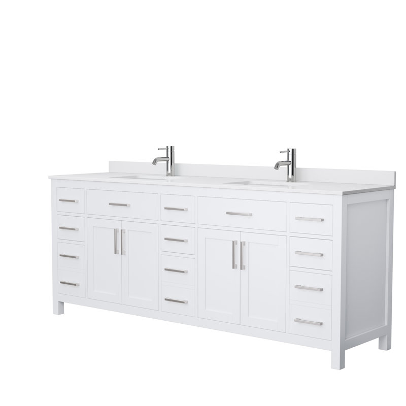 Beckett 84" Freestanding Double Bathroom Vanity with Cultured Marble Top, White, White Cultured Marble, Brushed Nickel