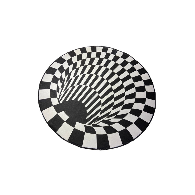 Abstract Pattern Black And White Decorative Non-Slip Base Washable Carpet, Round 2'8"