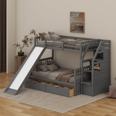 Twin Over Full Bunk Bed With Drawers And Safety Guardrail, Multifunctional Wood Bunk Bed With Staircase And Slide