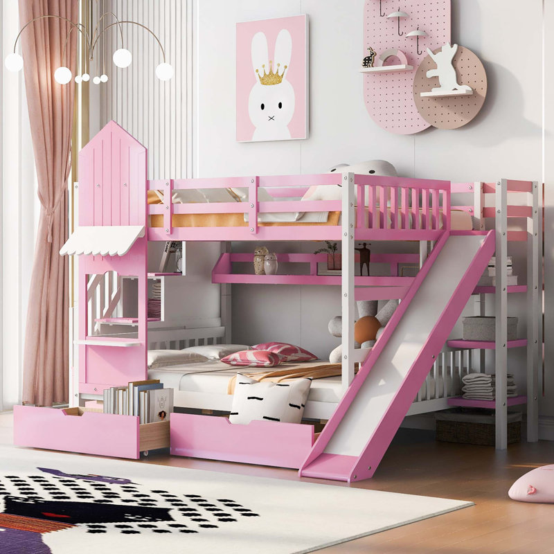 Lit superposé double de style château avec tiroirs de rangement et glissade de jeu, Rose