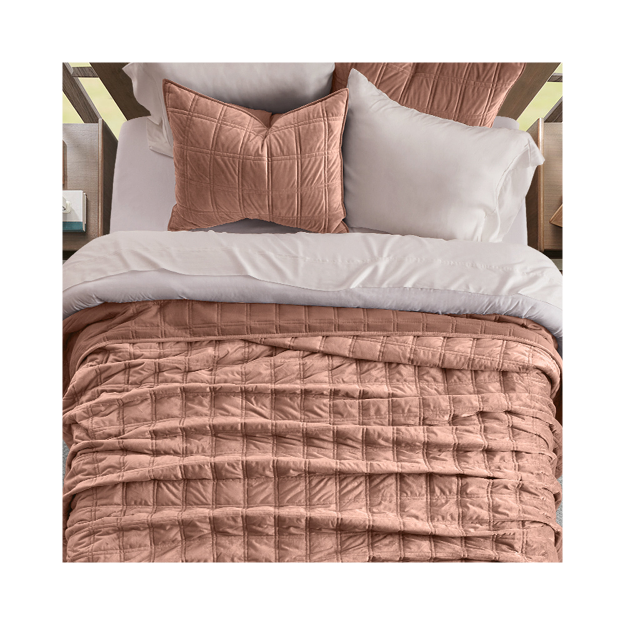 Double Box Stitch Velvet Quilt set, Terracotta Clay, King Quilt + 2 King Shams