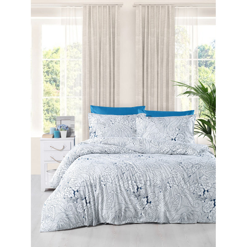 Premium 100% Cotton Ranforce Single Quilt Cover Set, White & Blue, 55.1 x 78.7 inches Duvet Cover & 23.6 x 23.6 inches Pillowcase | Soft, Durable, 142 Thread Count, Button & Envelope Closure | Machine Washable