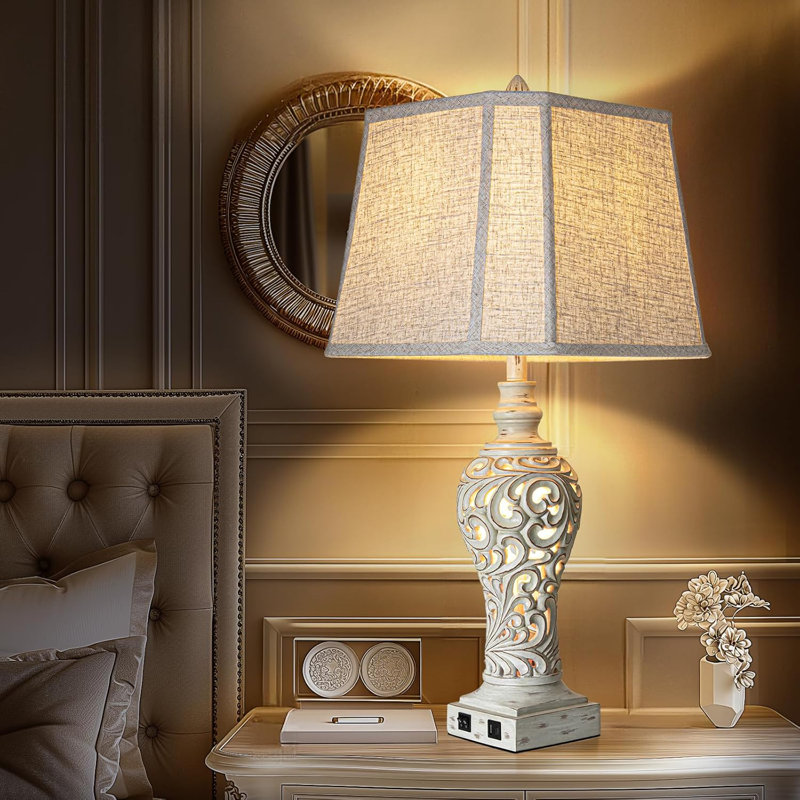 Set Of 2 Farmhouse Table Lamps With USB Ports And Nightlight, 32" Tall Bedside Lamps With Linen Fabric Shades For Bedroom And Living Room, Bulbs Included