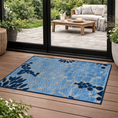 Tapis intérieur / extérieur floral / beige / bleu marine / bleu intérieur / extérieur