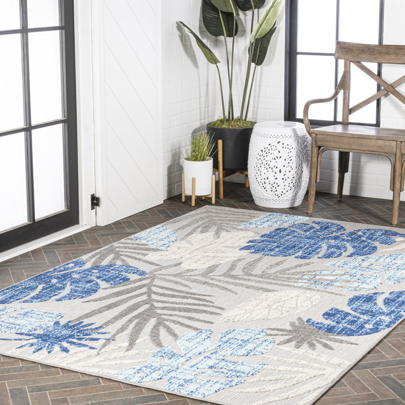 Etolin Tropical Leaf High-Low Light Gray/Navy Indoor/Outdoor Rug, Rectangle 7'9" x 10'