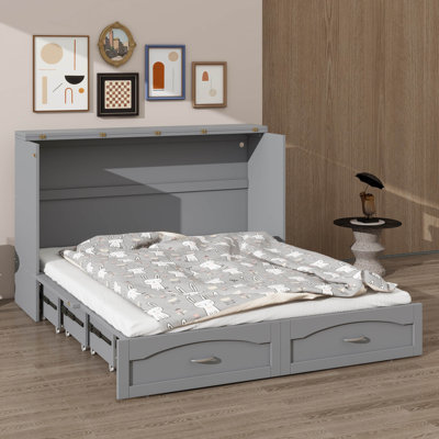 Grande armoire-lit escamotable en bois avec tiroir de rangement, ports USB et ports de charge