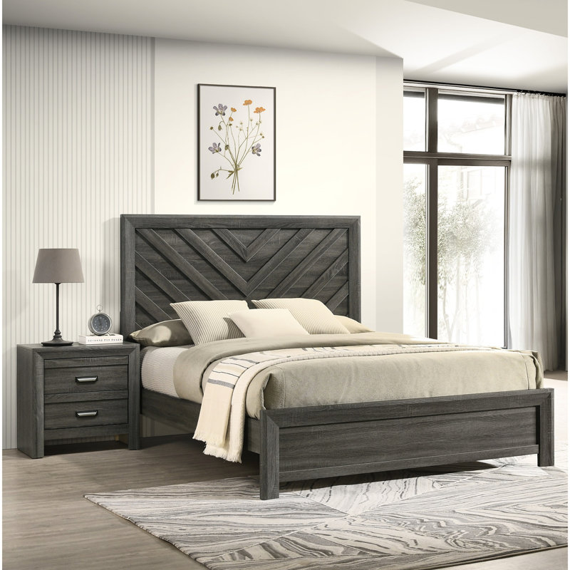 Lit double rustique à finition grise avec motifs et motifs géométriques, meubles de chambre à coucher contemporains en bois avec une finition de style, cadre de tête de lit solide pour embellir