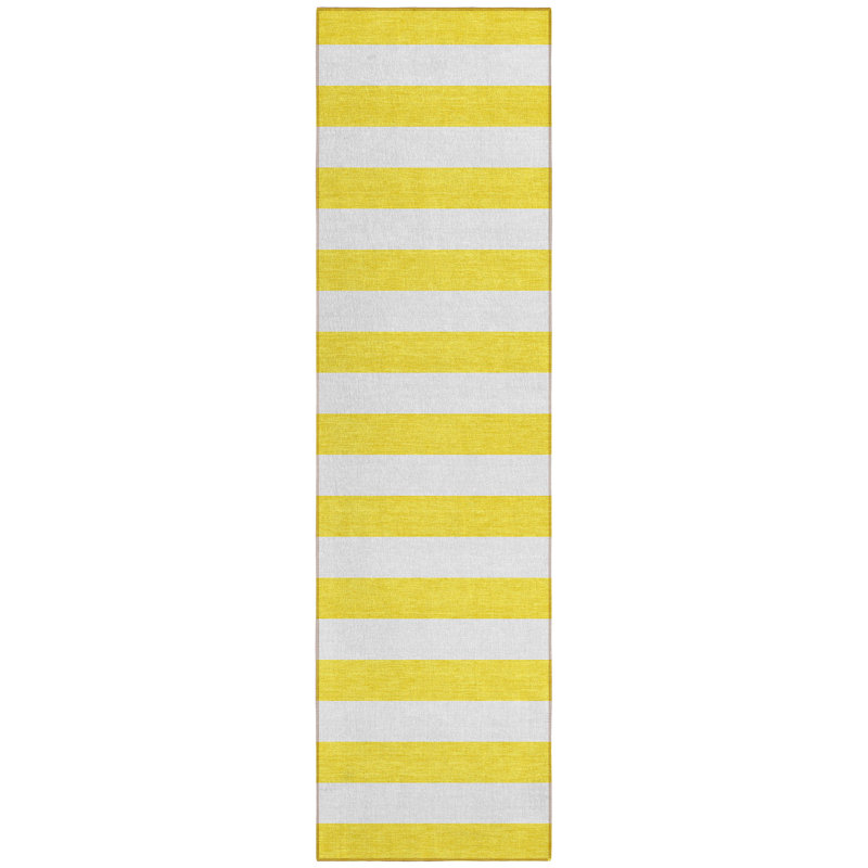 2' X 8' Yellow and White Striped Washable Indoor Outdoor Runner Rug