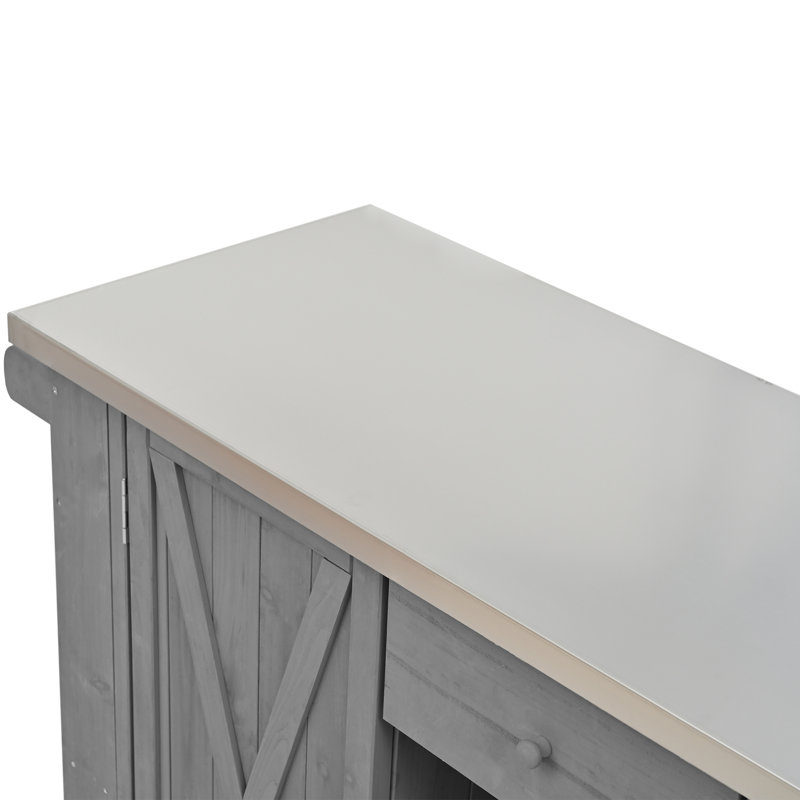 Îlot de cuisine extérieur gris - bois de sapin massif et acier inoxydable, comptoir pliable, rangement polyvalent, porte-serviettes, ouvre-bouteille encastré Spice, roues verrouillables pour plus de fonctionnalité, acier