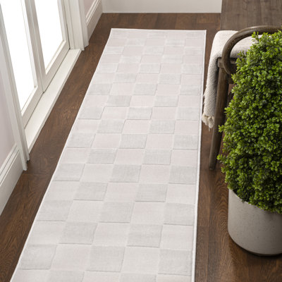 Ralphie Modern Geometric Checkerboard High-Low White/Cream Rug