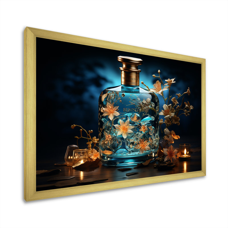 Bouteille de parfum Somas Sapphire, Cadre doré simple, H 30 po x l 40 po x P 1,5 po