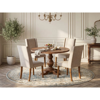 5-piece Dining Room Set contains a dining table and 4 Light Tan Linen Fabric Fabric upholstered chairs with Padded Back - Antique Walnut