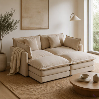 Canapé deux places avec 2 repose-pieds, 2 coussins d'accoudoirs et 2 coussins décoratifs pour les petits espaces de vie, facile à assembler, chenille