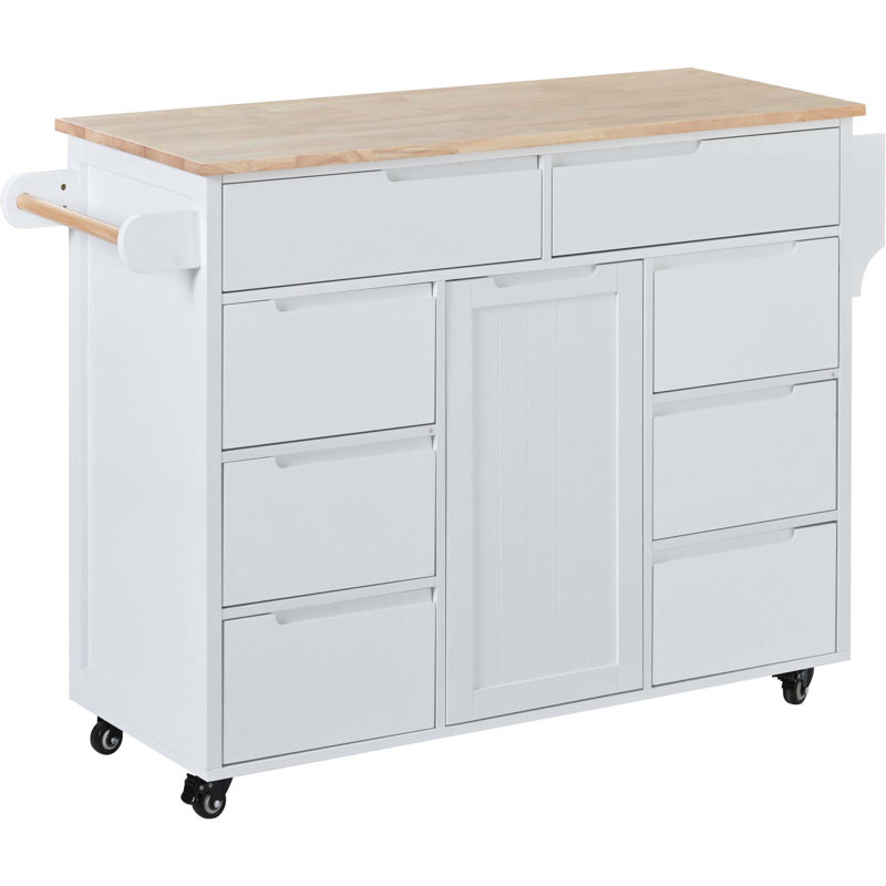 Rangez le chariot de cuisine avec comptoir en bois d'hévéa, l'îlot de cuisine possède 8 tiroirs sans poignée, y compris un organisateur de couverts et 5 roulettes pour la salle à manger de la cuisine