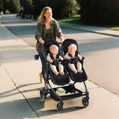 Double poussette légère côte à côte pour les jumeaux, poussette de voyage compacte pliable pour bébé avec auvent réglable et sièges inclinables, noir