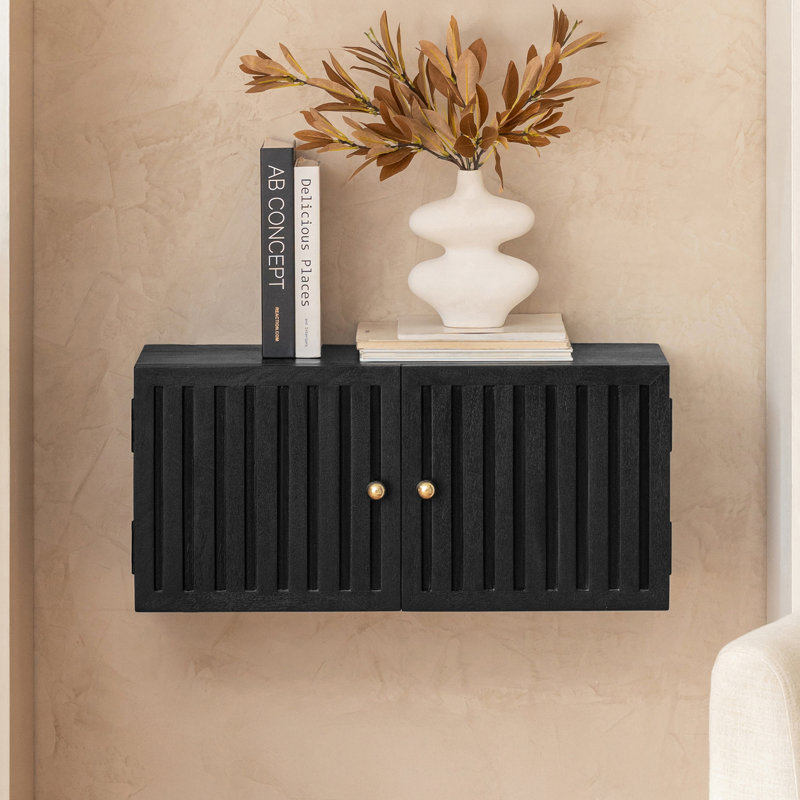 Tablette de rangement flottante murale en bois massif Ficklin avec 2 portes d'armoire, Noir