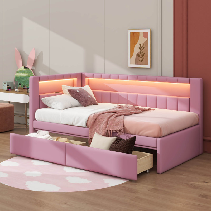 Lit plateforme entièrement rembourré avec ports USB, bande à DEL et lit gigogne, Simple, Rose